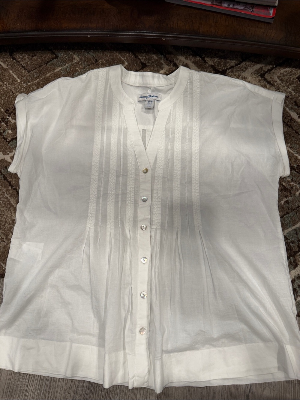 Tommy Bahama White Short Sleeve Pintuck Button-Front Blouse